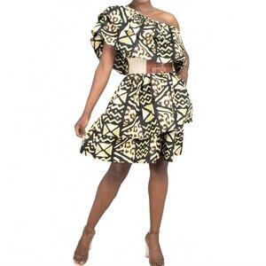 NEW KARA CHIC african print one-shoulder dress in yellow multi